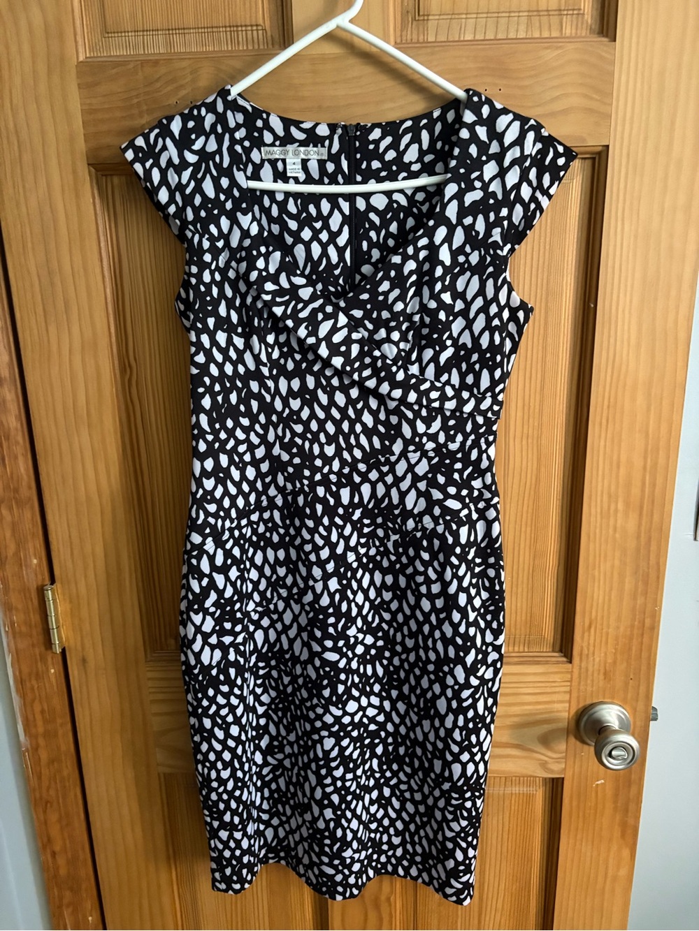 Maggy London Black and White Cap Sleeve Wrap-Style Midi Dress